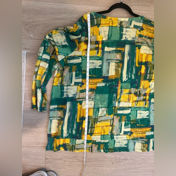 LOGO Lori Goldstein 2X Shirt Top Green Yellow Long Tunic V Neck Lagenlook - Picture 8 of 9